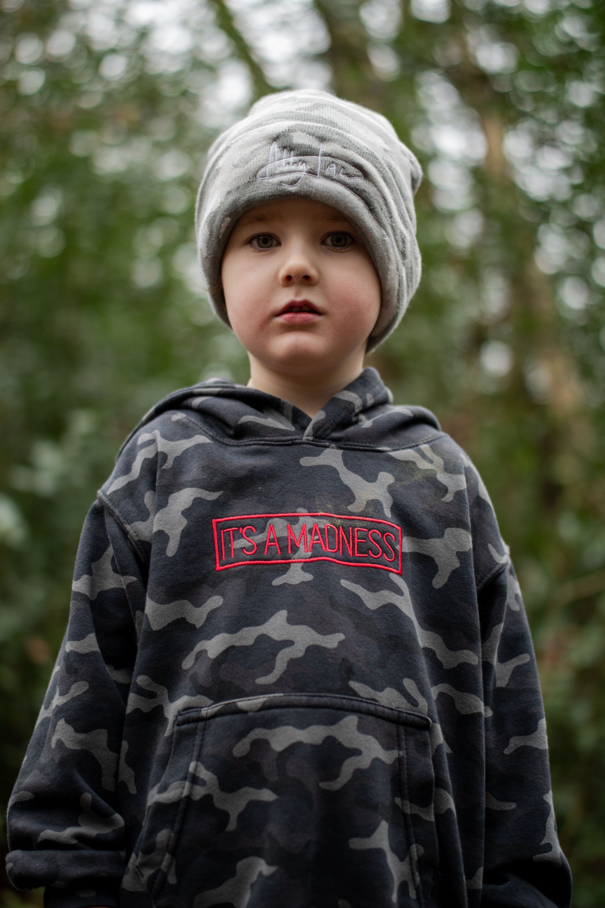 Kids Black Camo Hoodie - Red Embroidery
