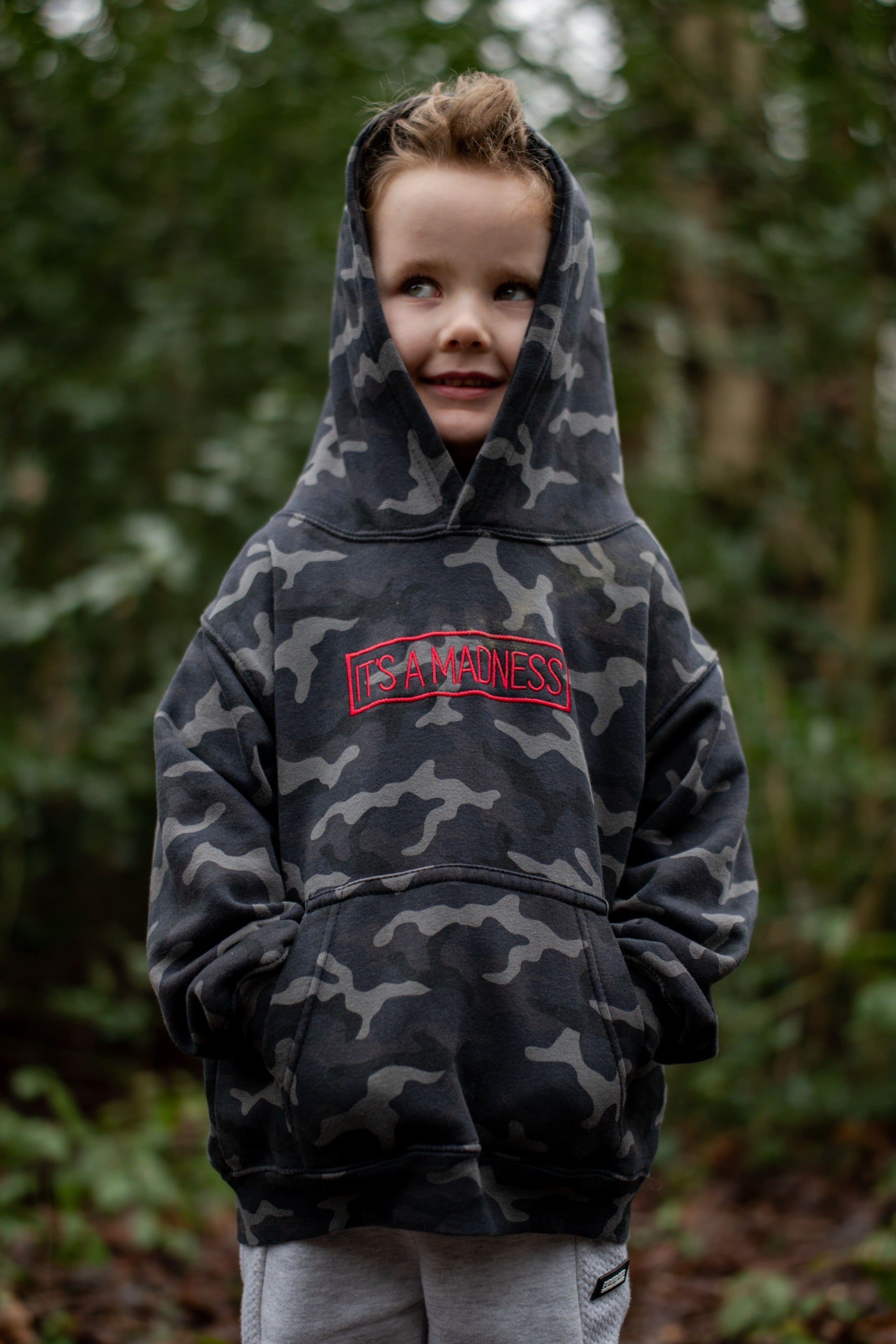 Kids Black Camo Hoodie - Red Embroidery
